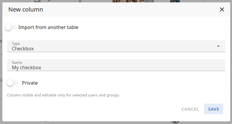New column — Checkbox