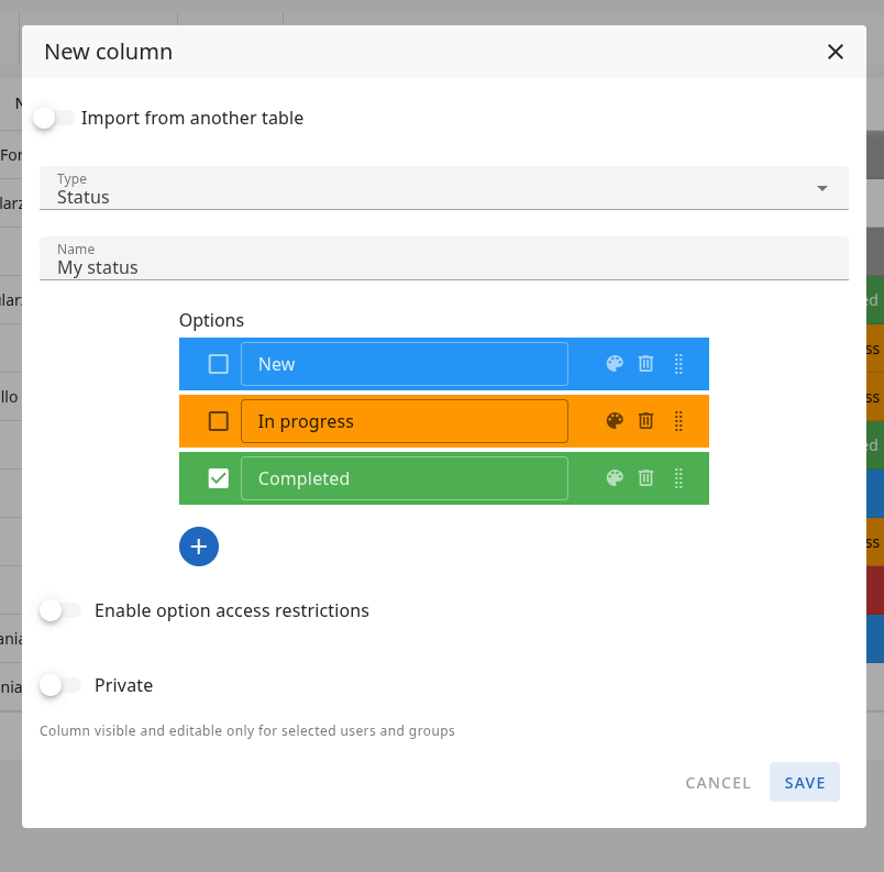 New column — Status
